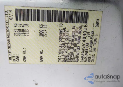 2014 Nissan Maxima 3.5 S z USA, uszkodzony, nr VIN 1N4AA5AP5EC489016